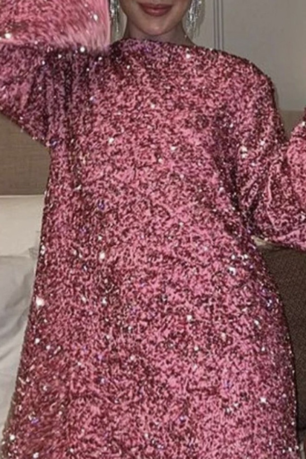 Sexy Solid Color Sequins Lace Up Backless O Neck A Line Dresses