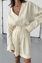 Casual Solid Color Pocket Buttons Ruched V Neck Long Sleeve Two Pieces