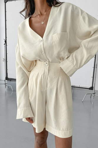 Casual Solid Color Pocket Buttons Ruched V Neck Long Sleeve Two Pieces