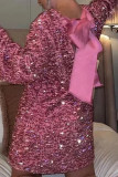 Sexy Solid Color Sequins Lace Up Backless O Neck A Line Dresses