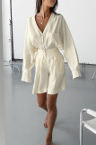 Casual Solid Color Pocket Buttons Ruched V Neck Long Sleeve Two Pieces