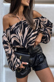 Sexy Zebra Print Leopard Lace Up Patchwork Halter Tops