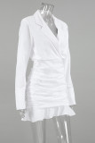 Elegant Solid Color Ruffle Ruched Turn-back Collar Wrapped Skirt Dresses