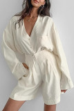 Casual Solid Color Pocket Buttons Ruched V Neck Long Sleeve Two Pieces
