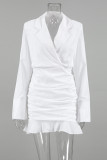 Elegant Solid Color Ruffle Ruched Turn-back Collar Wrapped Skirt Dresses