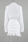 Elegant Solid Color Ruffle Ruched Turn-back Collar Wrapped Skirt Dresses