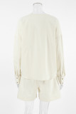 Casual Solid Color Pocket Buttons Ruched V Neck Long Sleeve Two Pieces