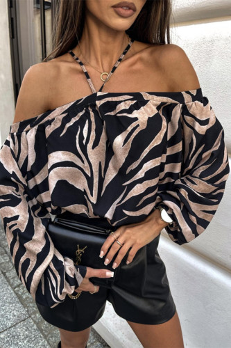 Sexy Zebra Print Leopard Lace Up Patchwork Halter Tops