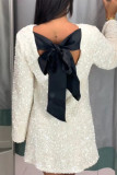 Sexy Solid Color Sequins Lace Up Backless O Neck A Line Dresses