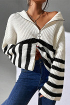 Casual Daily Stripe Zipper Weave Contrast Turndown Collar Tops