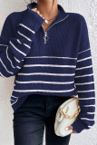 Casual Daily Stripe Patchwork Zipper Turndown Collar Tops