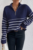 Casual Daily Stripe Patchwork Zipper Turndown Collar Tops