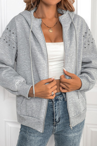 Casual Daily Solid Color Rivets Draw String Pocket Zipper Hooded Tops
