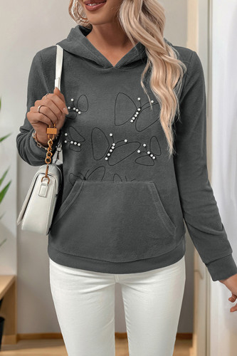Casual Butterfly Pocket Beading Fluffy Hooded Tops