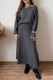 Elegant Solid Color Sequins Patchwork Sequined O Neck Long Sleeve Two Pieces