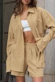 Casual Daily Solid Color Pocket Buttons Slit Turndown Collar Long Sleeve Two Pieces