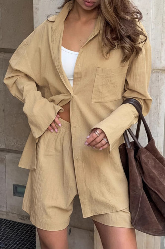 Casual Daily Solid Color Pocket Buttons Slit Turndown Collar Long Sleeve Two Pieces