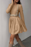 Elegant Solid Color Ruched O Neck Sweater Dress Dresses
