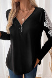 Casual Daily Solid Color Lace Zipper V Neck Tops
