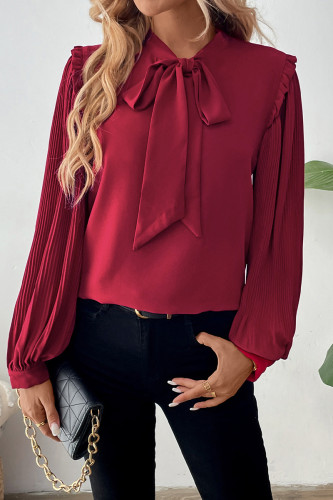 Daily Elegant Solid Color Bow Decor Pleated Tie Neck Tops