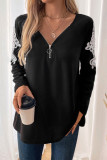 Casual Daily Solid Color Lace Zipper V Neck Tops