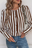 Casual Stripe Buttons Contrast O Neck Tops
