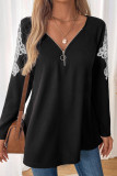 Casual Daily Solid Color Lace Zipper V Neck Tops