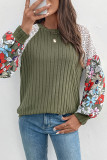 Casual Daily Floral Print Patchwork Contrast Potholes O Neck Tops