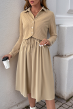 Casual Solid Color Lace Up Buttons Turndown Collar A Line Dresses