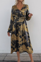 Elegant Bronzing Pattern With Belt V Neck A Line Dresses