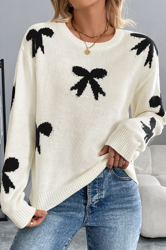Daily Bow Weave Contrast O Neck Tops