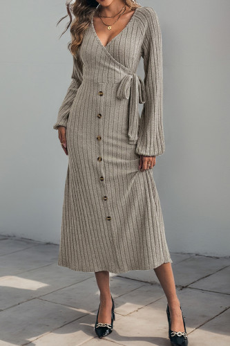 Casual Solid Color Lace Up Buttons Potholes V Neck A Line Dresses