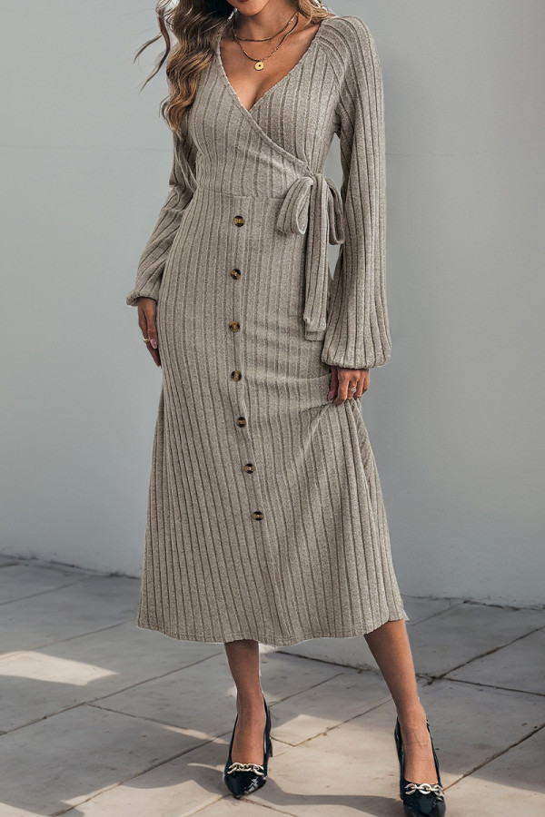 Casual Solid Color Lace Up Buttons Potholes V Neck A Line Dresses
