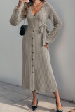 Casual Solid Color Lace Up Buttons Potholes V Neck A Line Dresses
