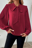 Daily Elegant Solid Color Bow Decor Pleated Tie Neck Tops