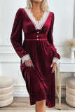 Daily Elegant Solid Color Lace Buttons V Neck A Line Dresses