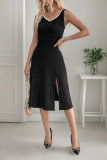 Elegant Solid Color Buttons Slit Potholes V Neck Sleeveless Two Pieces