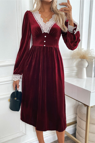 Daily Elegant Solid Color Lace Buttons V Neck A Line Dresses