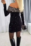 Sexy Leopard Patchwork Sequined Contrast Off Shoulder Wrapped Skirt Dresses