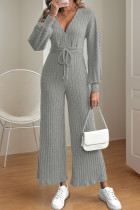 Casual Street Solid Color Lace Up Potholes V Neck Loose Jumpsuits