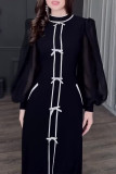 Elegant Solid Color Bow Decor Contrast Half A Turtleneck Long Dresses
