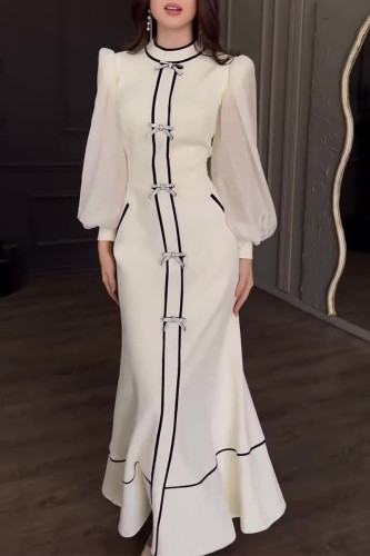 Elegant Solid Color Bow Decor Contrast Half A Turtleneck Long Dresses