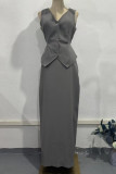 Solid Color Pocket Buttons Strap Design V Neck Sleeveless Two Pieces