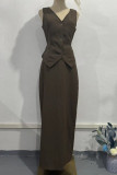 Solid Color Pocket Buttons Strap Design V Neck Sleeveless Two Pieces