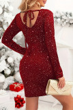 Elegant Solid Color Lace Up Sequined O Neck Wrapped Skirt Dresses