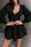 Sexy Solid Color Patchwork V Neck Waist Skirt Dresses