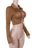 Sexy Solid Color Lace See-Through Strap Design Turndown Collar Tops
