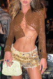 Sexy Solid Color Lace See-Through Strap Design Turndown Collar Tops