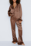 Daily Solid Color Buttons Feather Trim Sleepwear