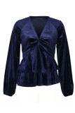 Elegant Solid Color Ruched Velvet V Neck Tops